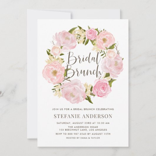 Waterverf Blush Roze Pioen Krans Bridal Brunch Kaart (Voorkant)