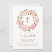 Waterverf Blush Roze Pioen Krans Doop Kaart (Voorkant)