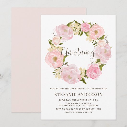 Waterverf Blush Roze Pioen Krans doopsel Kaart (Voorkant / Achterkant)