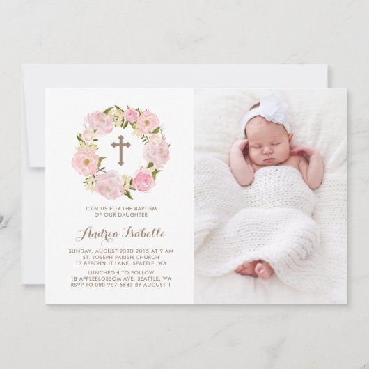 Waterverf Blush Roze Pioen Krans Foto Doop Kaart (Voorkant)