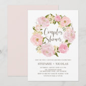 Waterverf Blush Roze Pioen Krans Koppels Douche Kaart (Voorkant / Achterkant)