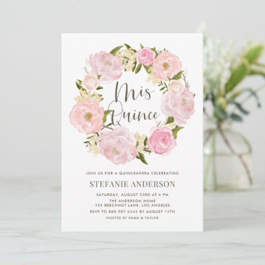 Waterverf Blush Roze Pioen Krans Quinceañera Kaart (Staand voorkant)