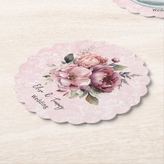 Waterverf Blush Roze Pioen Marmer Bruiloft Kartonnen Onderzetters (Gekanteld)