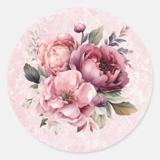 Waterverf Blush Roze Pioen Marmer Bruiloft Ronde Sticker (Voorkant)