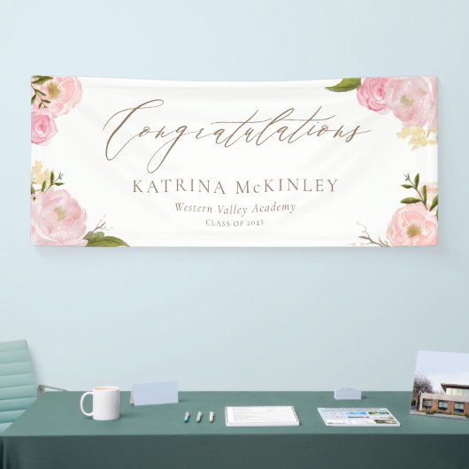 Waterverf Blush Roze pioenen en Rozen Afstuderen Spandoek (Beurs)