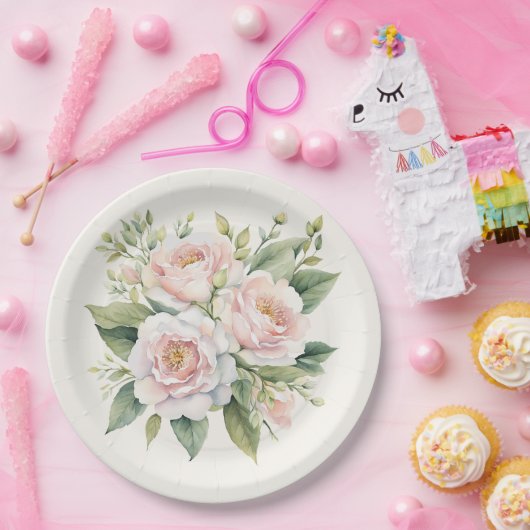Waterverf Blush Roze Rose Boeket Papieren Bordje (Feest)