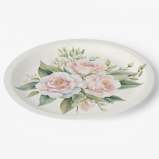 Waterverf Blush Roze Rose Boeket Papieren Bordje (Gekanteld)