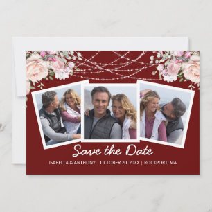 Waterverf Blush Roze Rose Floral Burgundy 3-Foto Save The Date