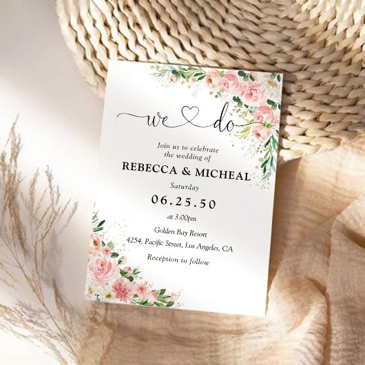 Waterverf Blush Roze Rose Goud Bruiloft Uitnodigin Kaart