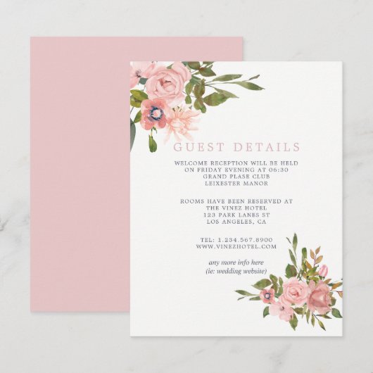 Waterverf Blush roze rozen bruiloft gastgegevens Informatiekaartje (Voorkant / Achterkant)