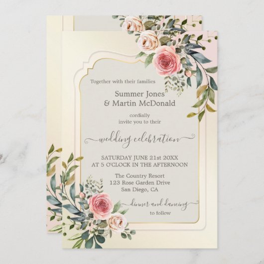 Waterverf Blush roze rozen bruiloft uitnodiging (Voorkant / Achterkant)