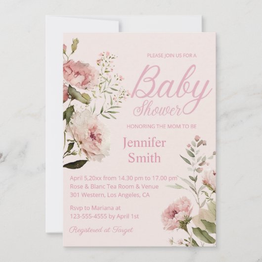 waterverf blush roze rozen meisje baby shower kaart (Voorkant)