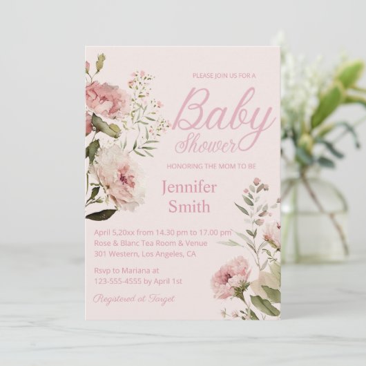 waterverf blush roze rozen meisje baby shower kaart (Staand voorkant)