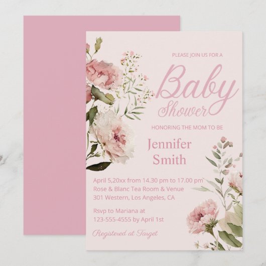 waterverf blush roze rozen meisje baby shower kaart (Voorkant / Achterkant)