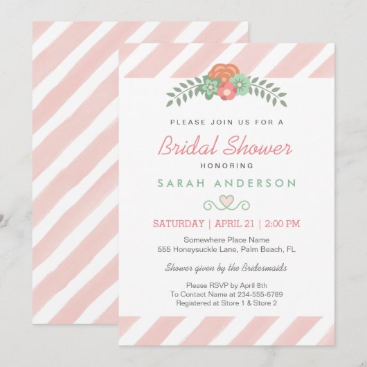 Waterverf Blush roze strips Floral Vrijgezellenfee Kaart (Voorkant / Achterkant)