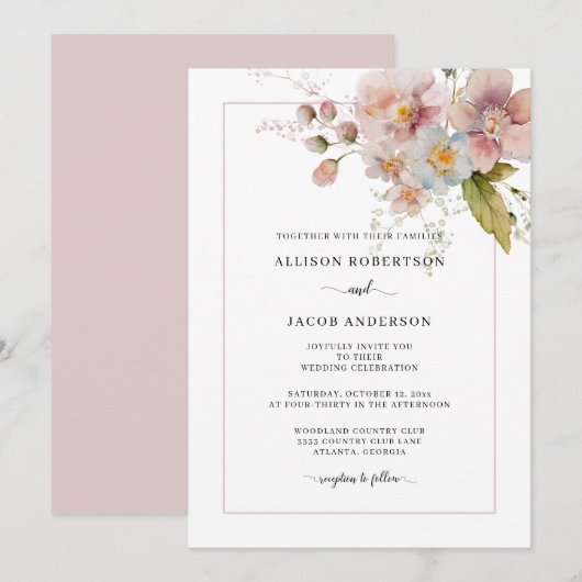 Waterverf Blush roze wilde bloemen bruiloft Kaart (Voorkant / Achterkant)