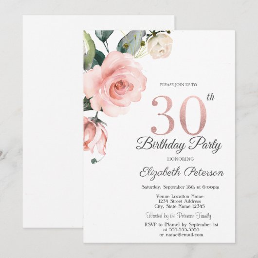 Waterverf Blush Rozen 30e Verjaardag Kaart (Voorkant / Achterkant)