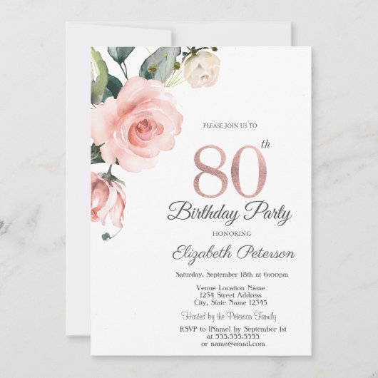 Waterverf Blush Rozen 80e Verjaardag Kaart (Voorkant)