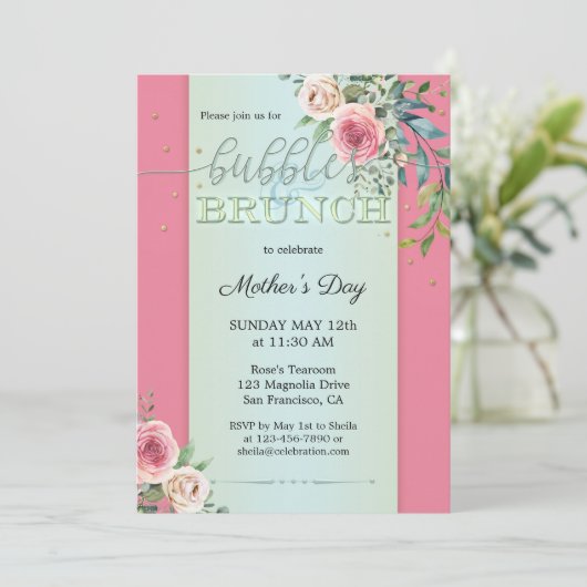 Waterverf Blush Rozen Bubbles en Brunch Kaart (Staand voorkant)