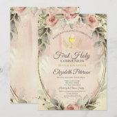 Waterverf Blush Rozen Eerste Heilige Communie Kaart (Voorkant / Achterkant)