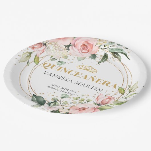 Waterverf Blush rozen eucalyptus goud Quinceañera Papieren Bordje (Gekanteld)