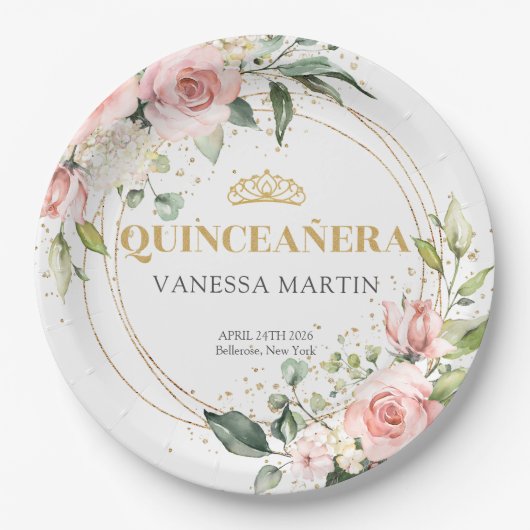 Waterverf Blush rozen eucalyptus goud Quinceañera Papieren Bordje (Voorkant)