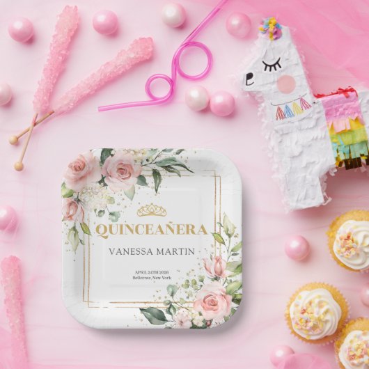 Waterverf Blush rozen eucalyptus goud quinceanera Papieren Bordje (Feest)