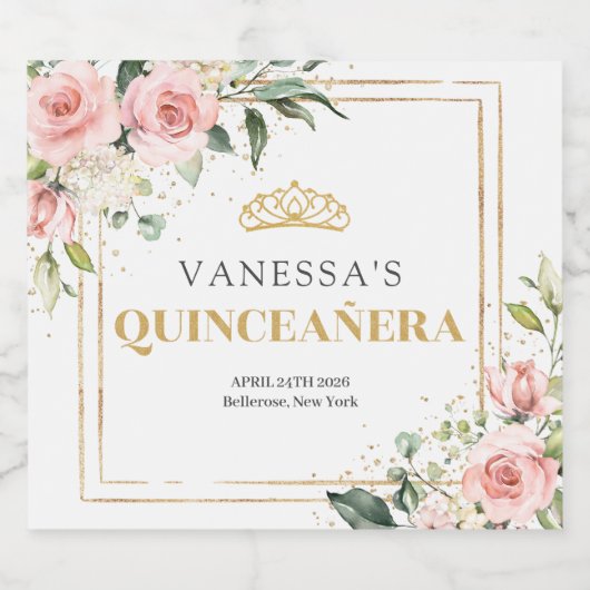 Waterverf Blush rozen eucalyptus goud Quinceañera Sparkling Wijnetiket (Enkel label)