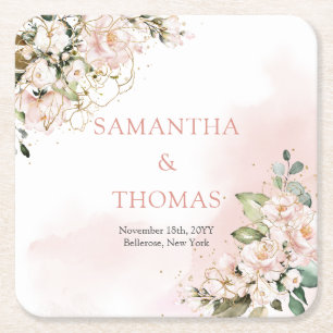 Waterverf Blush rozen eucalyptus gouden bruiloft Kartonnen Onderzetters