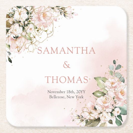 Waterverf Blush rozen eucalyptus gouden bruiloft Kartonnen Onderzetters (Voorkant)