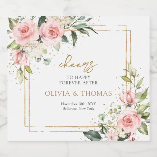 Waterverf Blush rozen eucalyptus gouden bruiloft Sparkling Wijnetiket (Enkel label)