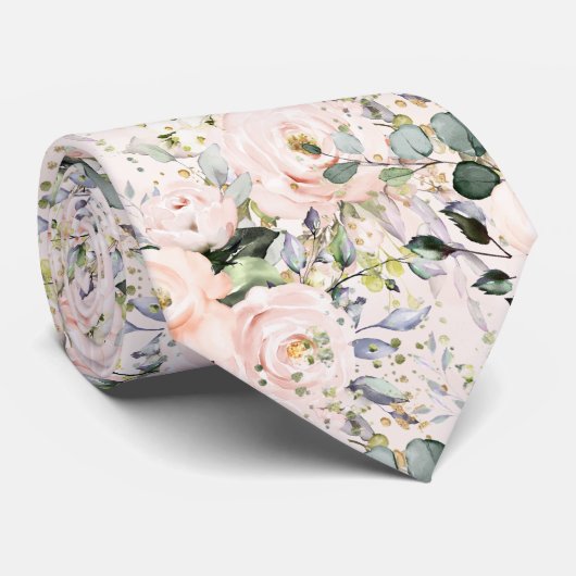 Waterverf Blush Rozen Pioenrozen Hortensia Stropdas (Opgerold)
