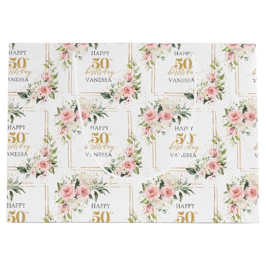 Waterverf Blush rozen salie en goud 50ste verjaard Groot Cadeauzakje (Voorkant)