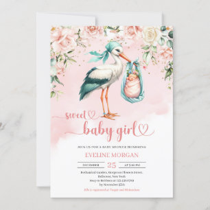 Waterverf blush rozen schattig ooievaar baby meisj kaart