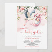 Waterverf blush rozen schattig ooievaar baby meisj kaart (Voorkant / Achterkant)