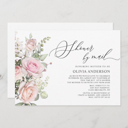 Waterverf Blush Rozen Virtueel Baby shower per pos Kaart (Voorkant / Achterkant)