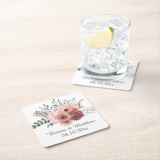 Waterverf Blush Rust Bloemen Bruiloft Mason Jar Kartonnen Onderzetters (Insitu)