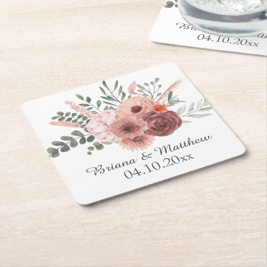 Waterverf Blush Rust Bloemen Bruiloft Mason Jar Kartonnen Onderzetters (Schuin)