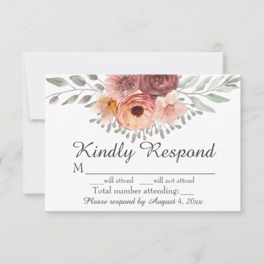 Waterverf Blush Rust Floral Wedding RSVP Kaart (Voorkant)