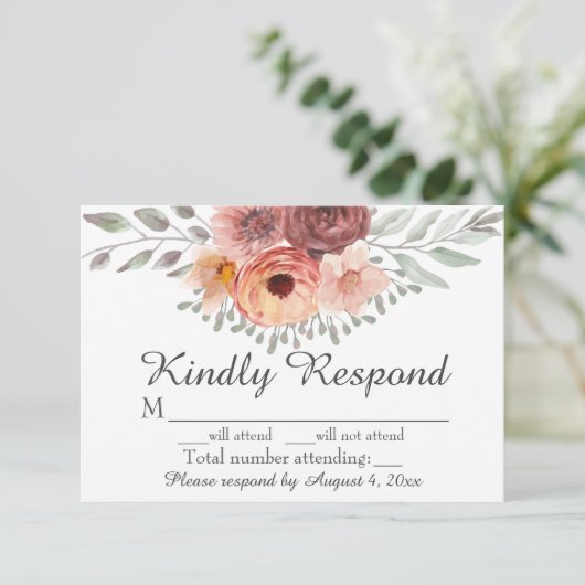 Waterverf Blush Rust Floral Wedding RSVP Kaart (Staand voorkant)