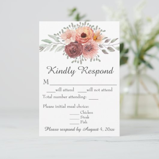 Waterverf Blush Rust Floral Wedding RSVP Kaart (Staand voorkant)