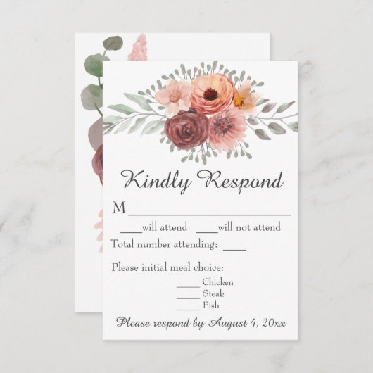 Waterverf Blush Rust Floral Wedding RSVP Kaart (Voorkant / Achterkant)
