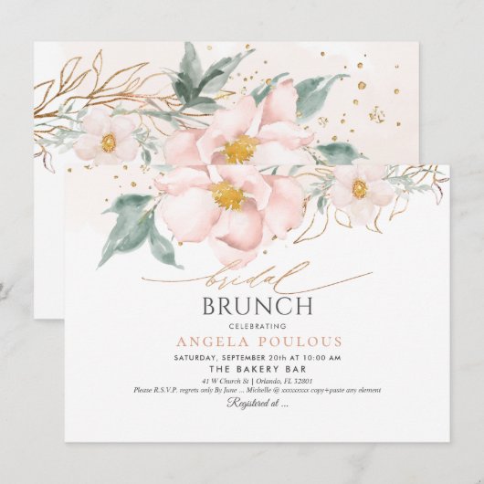 Waterverf Blush Single Petal Rozen Bridal Brunch Kaart (Voorkant / Achterkant)