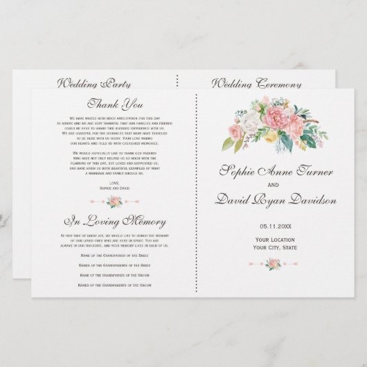 Waterverf Blush White Flowers Wedding Programme (Voorkant / Achterkant)