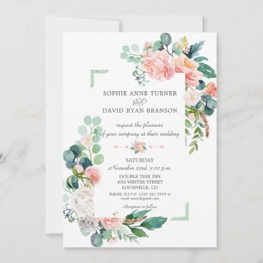 Waterverf Blush White Peonies Lijst Weddenschap Kaart (Voorkant)