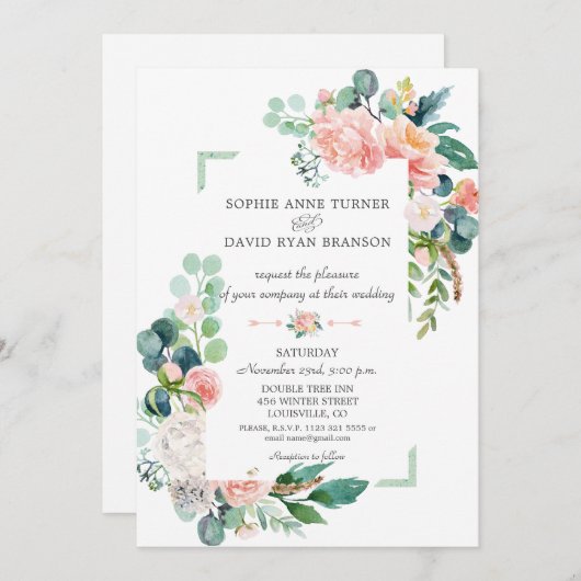 Waterverf Blush White Peonies Lijst Weddenschap Kaart (Voorkant / Achterkant)