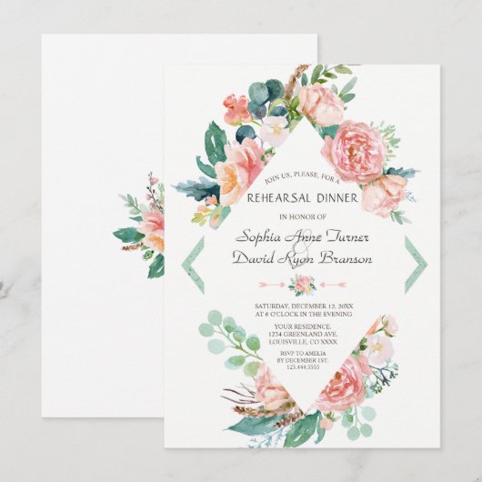 Waterverf Blush White Peonies Rehearsal Dinner Kaart (Voorkant / Achterkant)