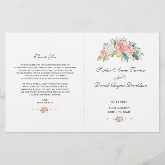 Waterverf Blush White Peonies Wedding Programme (Voorkant)