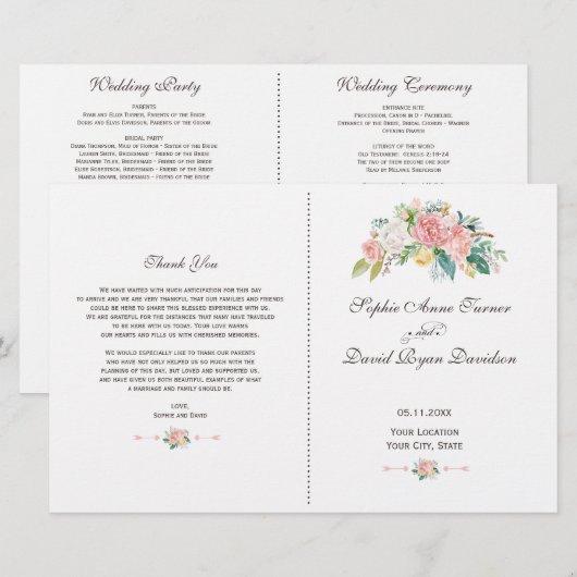 Waterverf Blush White Peonies Wedding Programme (Voorkant / Achterkant)