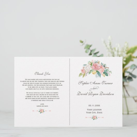 Waterverf Blush White Peonies Wedding Programme (Staand voorkant)